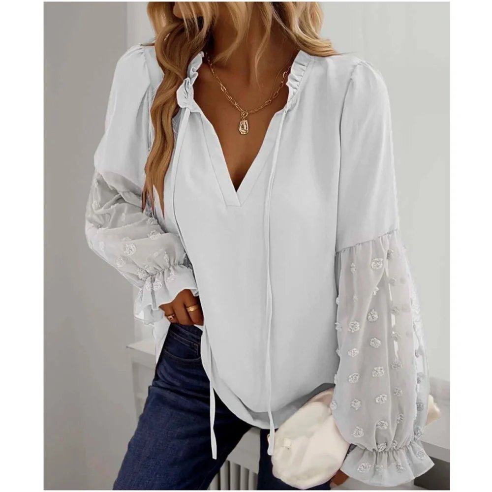 Boho Swiss Dot Sheer Sleeve Ruffle Blouse - Picture 9 of 14